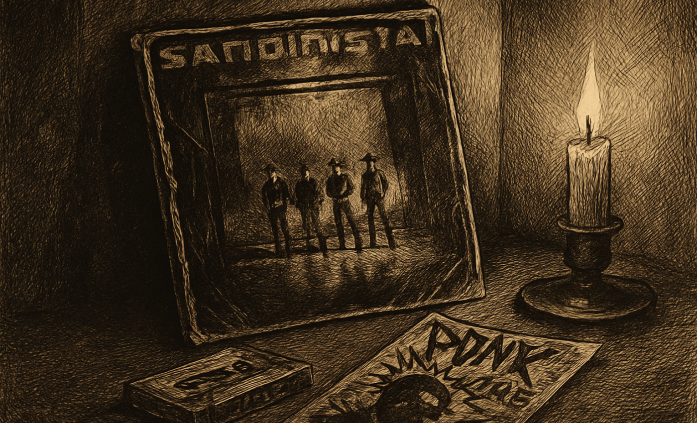 A worn vinyl record sleeve for Sandinista! leaning against a wall beside a cassette tape and a punk flyer, lit by a warm lamp.