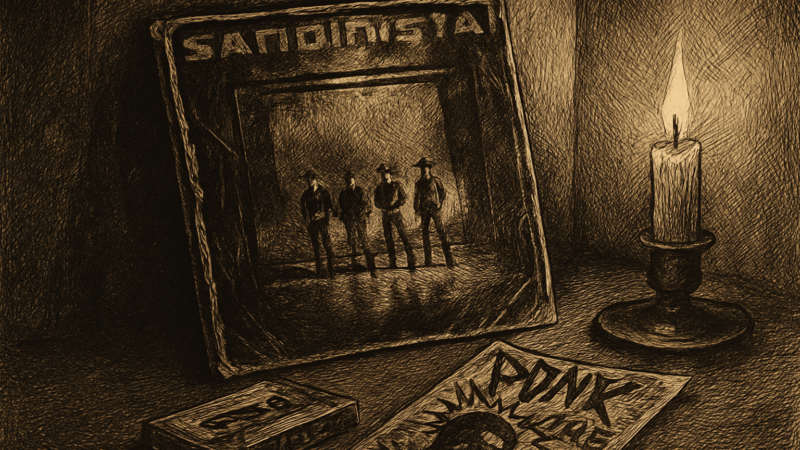 A worn vinyl record sleeve for Sandinista! leaning against a wall beside a cassette tape and a punk flyer, lit by a warm lamp.