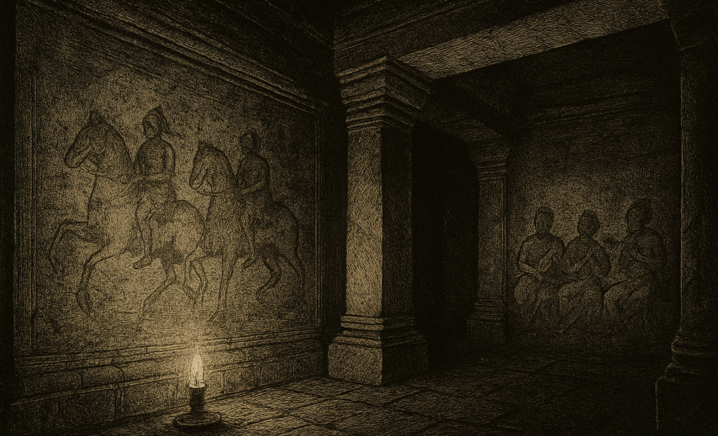 Faint paintings of horseback riders and musicians emerge from the faded stone walls of an ancient Cambodian temple.
