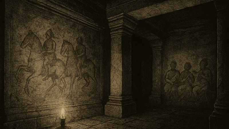 Faint paintings of horseback riders and musicians emerge from the faded stone walls of an ancient Cambodian temple.