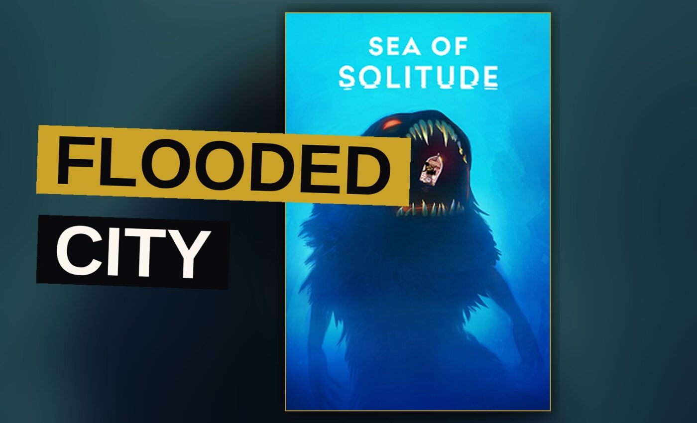 A girl walks through a flooded, ruined city as a ghostly monster rises beside her.