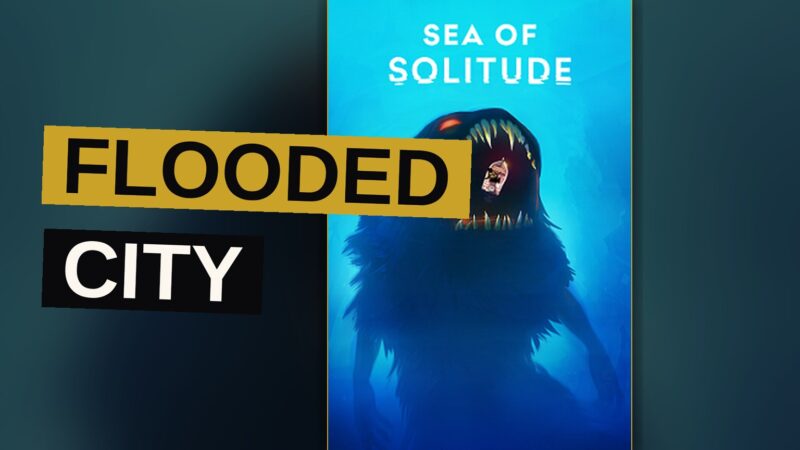 A girl walks through a flooded, ruined city as a ghostly monster rises beside her.