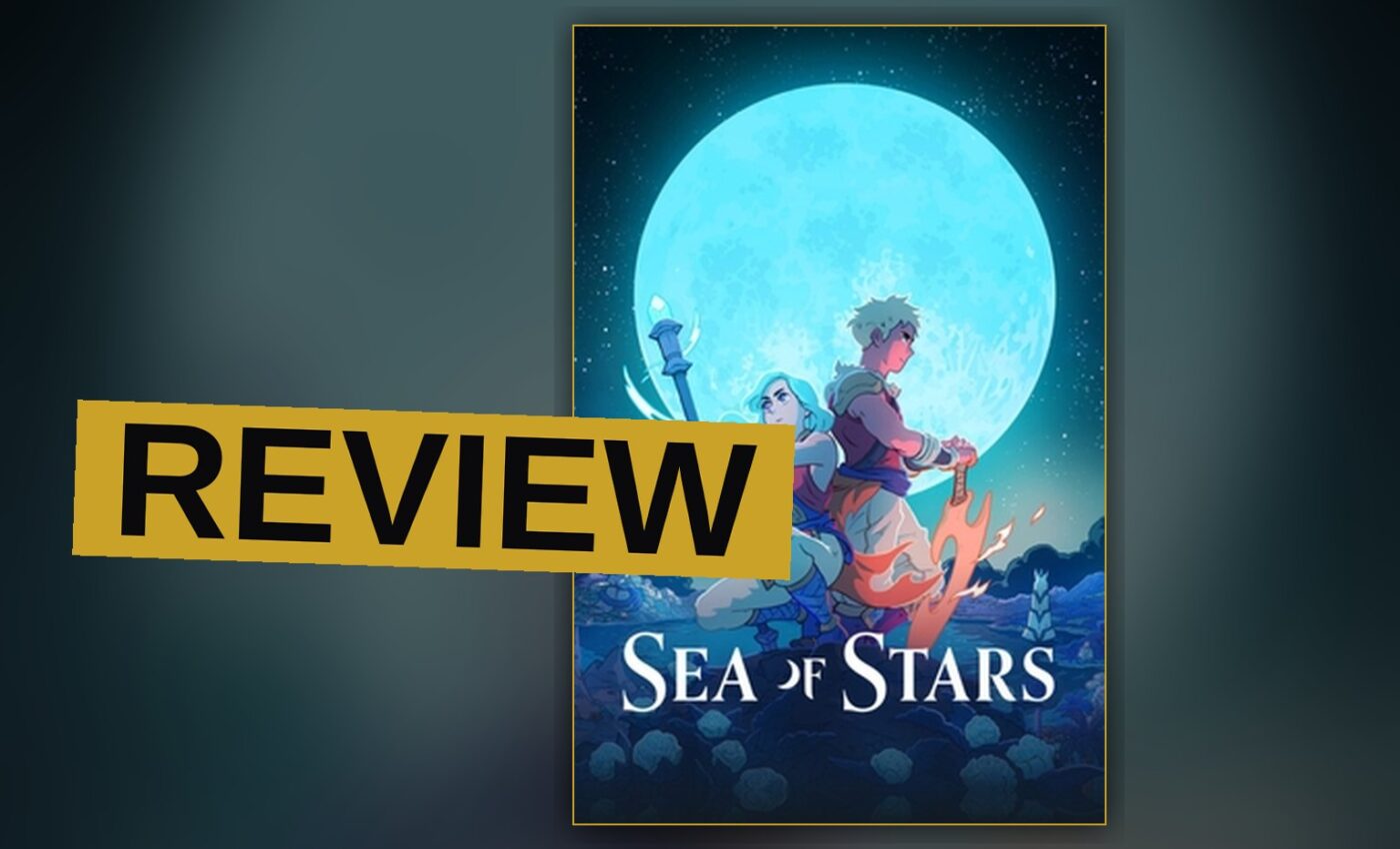 Pixel art of two warriors with sun and moon powers overlooking a sea at dusk.