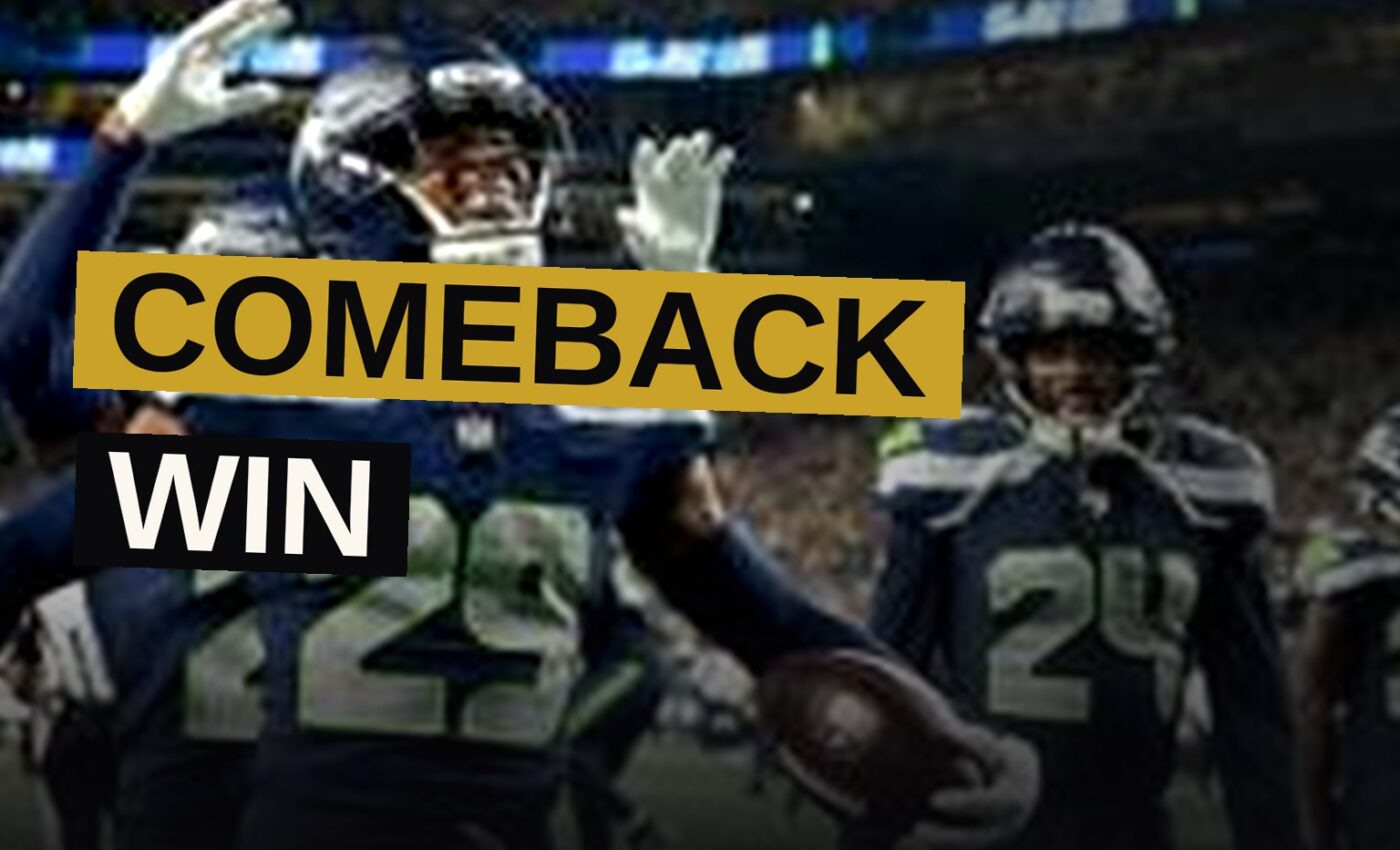 Seattle Seahawks players celebrate their comeback victory on the field at Lumen Field.