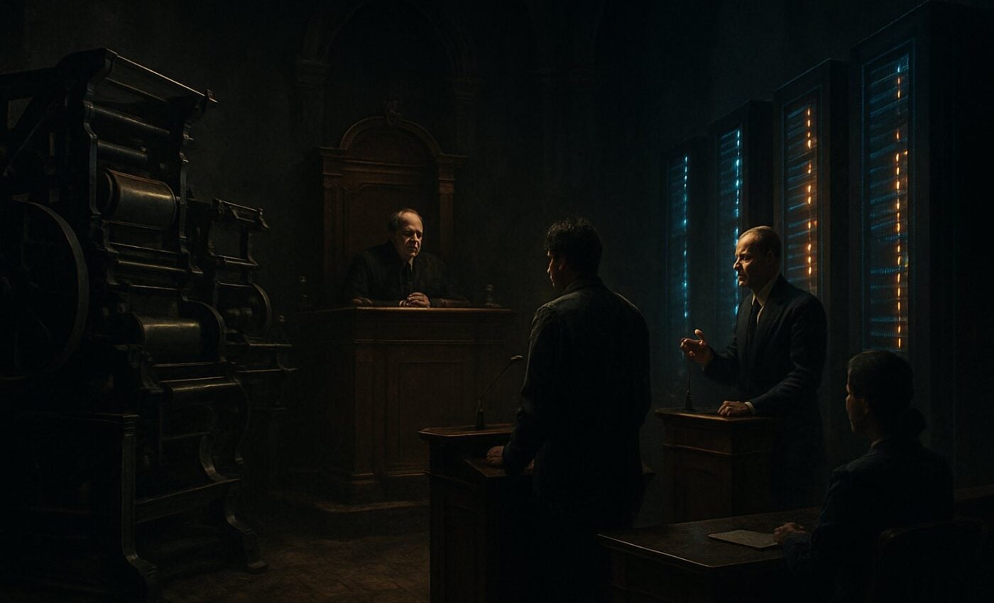 A tribunal scene wherein the printer's ink and the mechanical scribe stand opposed, each awaiting judgment.