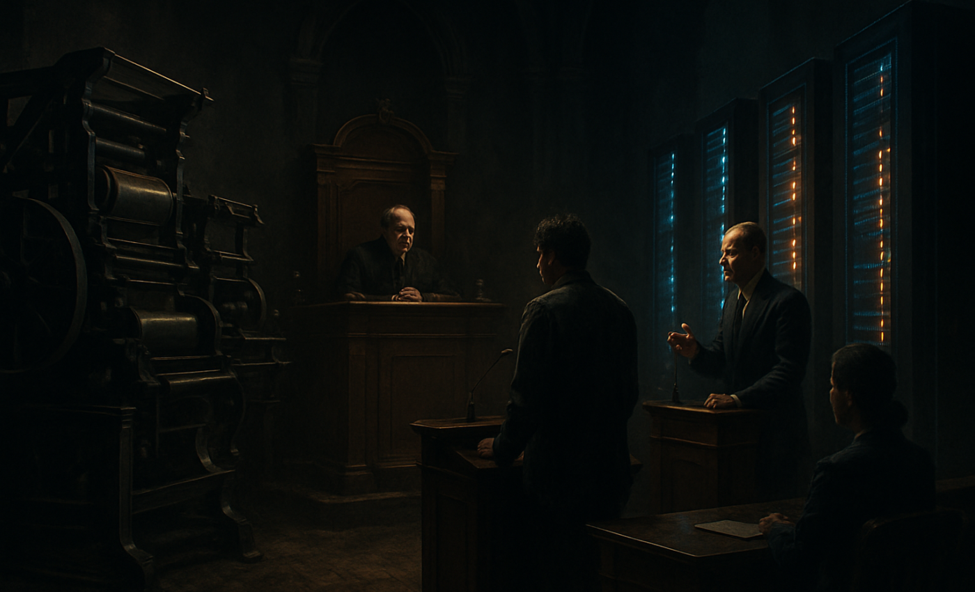 A tribunal scene wherein the printer's ink and the mechanical scribe stand opposed, each awaiting judgment.
