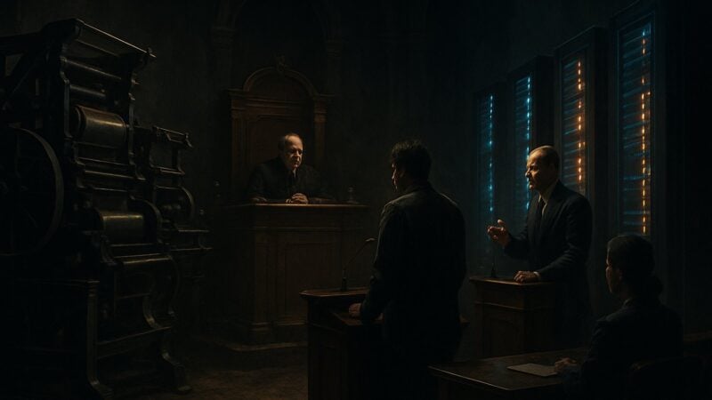 A tribunal scene wherein the printer's ink and the mechanical scribe stand opposed, each awaiting judgment.