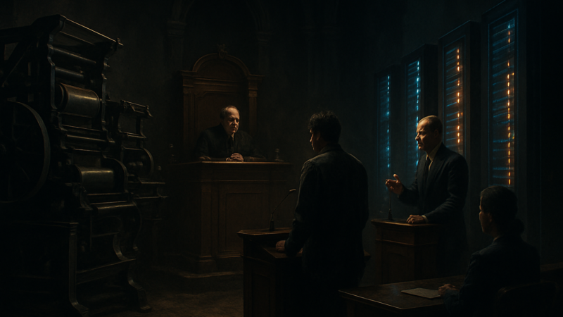 A tribunal scene wherein the printer's ink and the mechanical scribe stand opposed, each awaiting judgment.