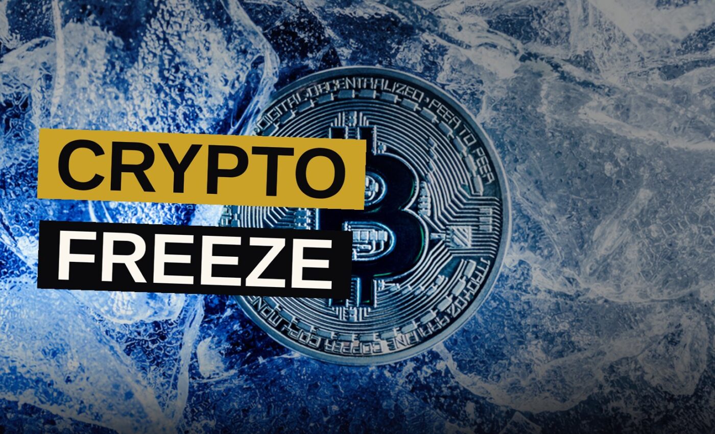 A digital wallet icon locked with a chain and padlock, surrounded by cryptocurrency coins and code, symbolizing a freeze.