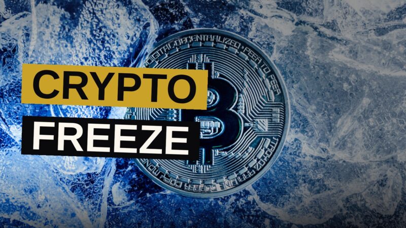 A digital wallet icon locked with a chain and padlock, surrounded by cryptocurrency coins and code, symbolizing a freeze.