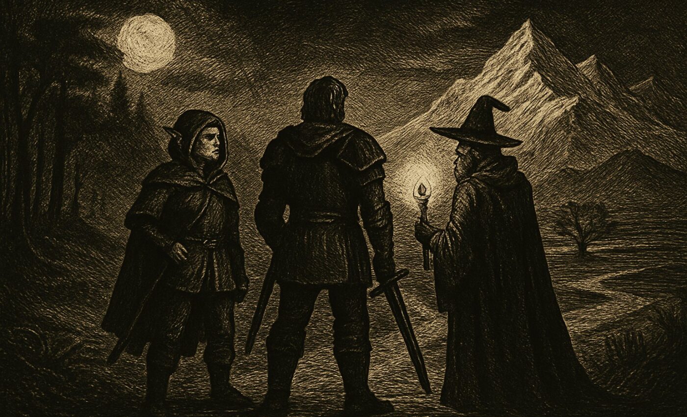 Three heroes stand together where forest, desert, and frozen peak meet, each path a token of a different tale.