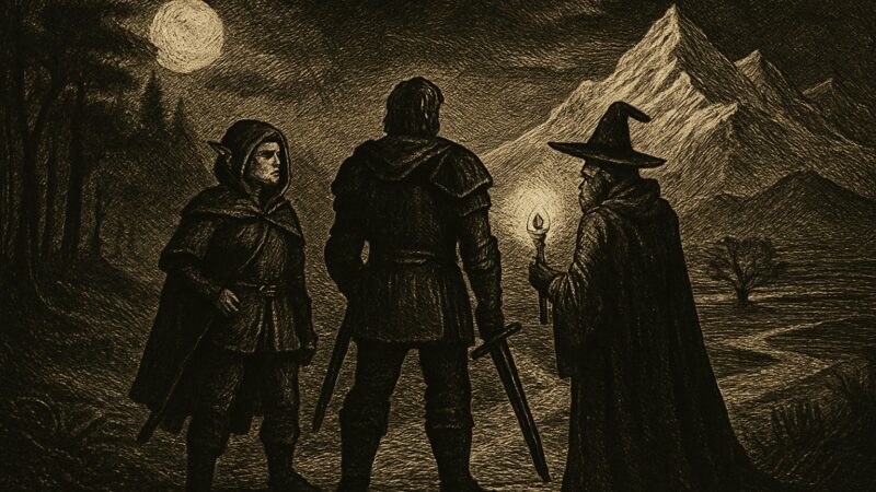 Three heroes stand together where forest, desert, and frozen peak meet, each path a token of a different tale.