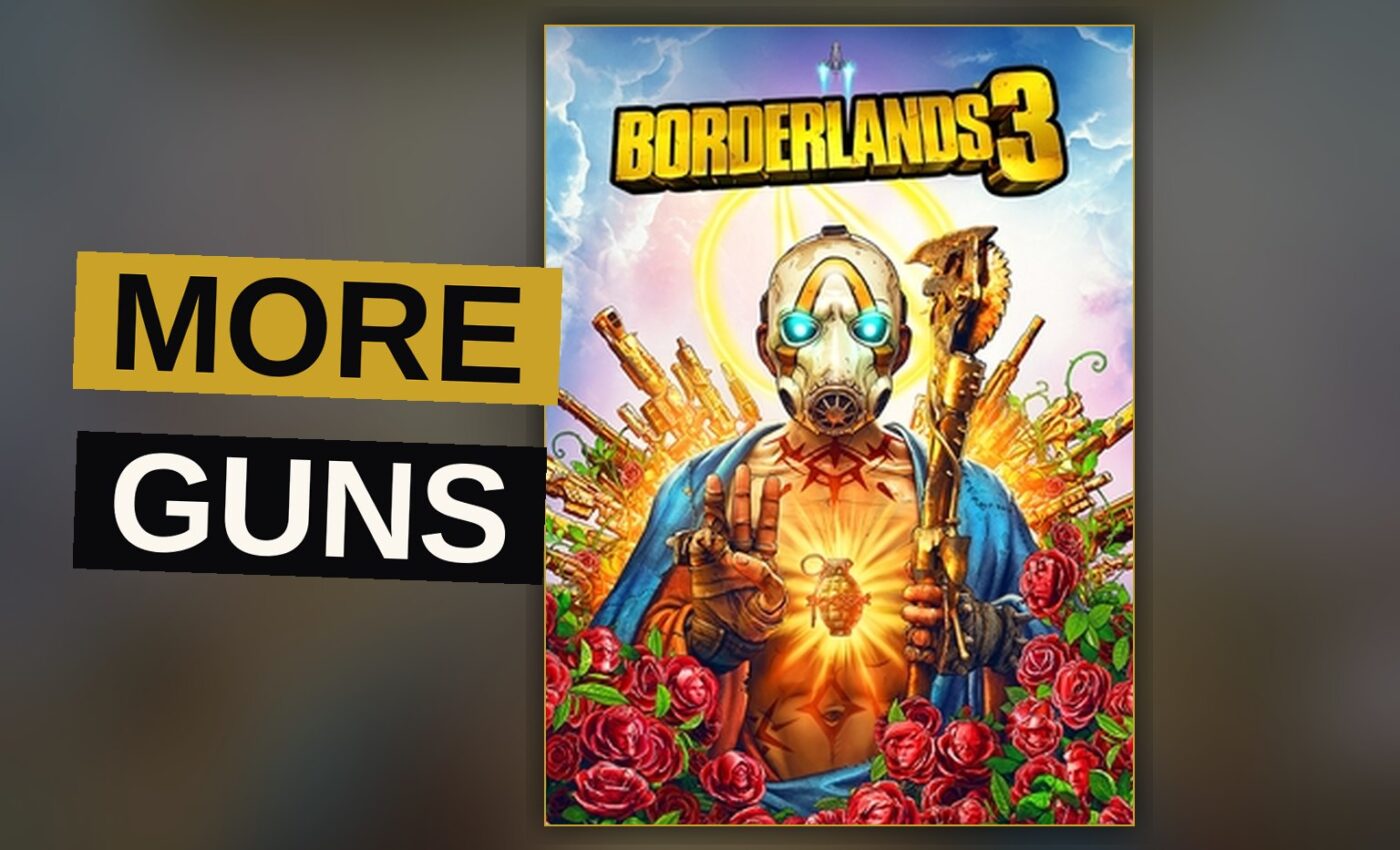 A Vault Hunter blasts enemies with a glowing shotgun amid explosions in a colorful alien battlefield.