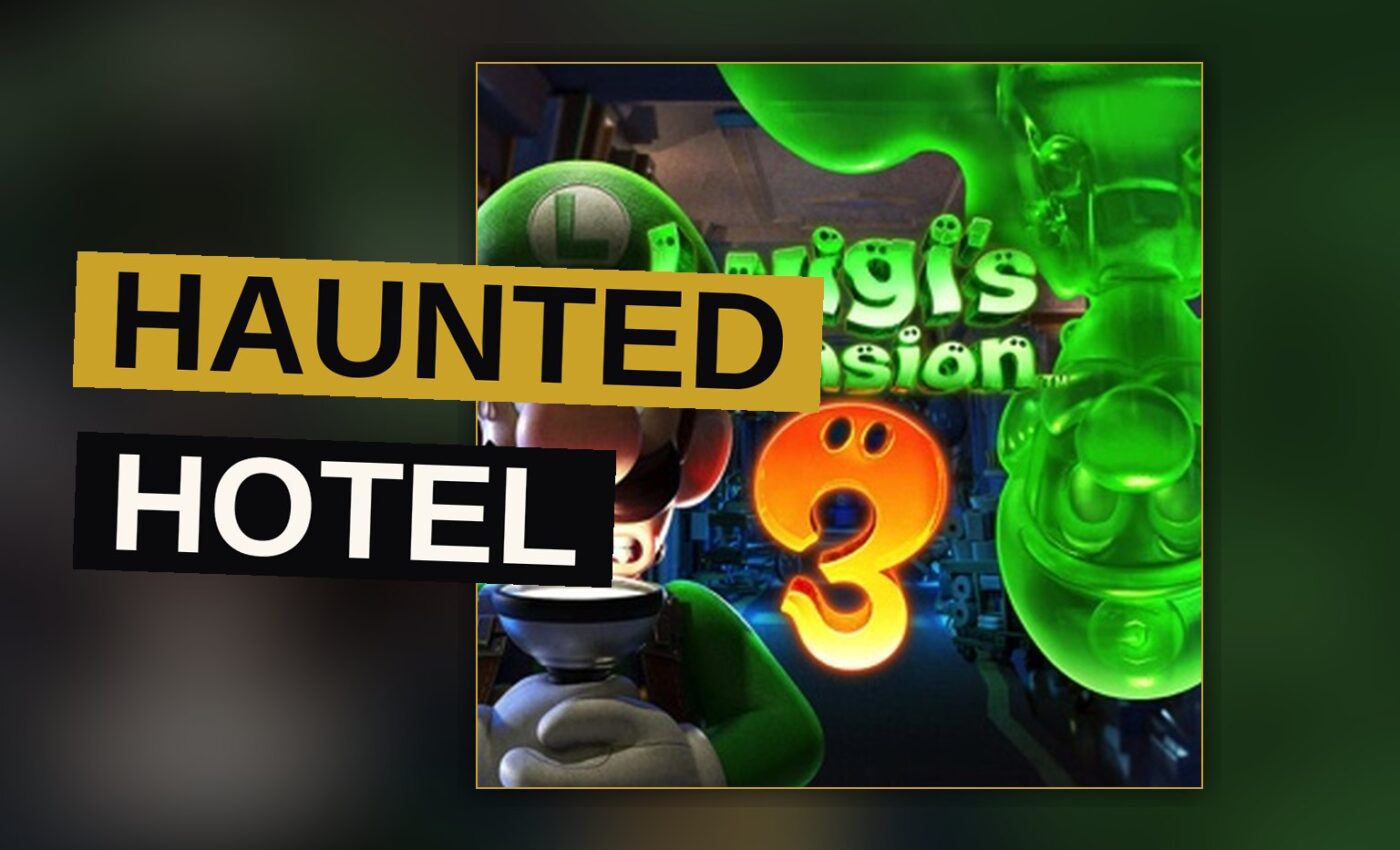 Luigi stands in a spooky hotel lobby with his Poltergust vacuum, ready to capture ghosts.
