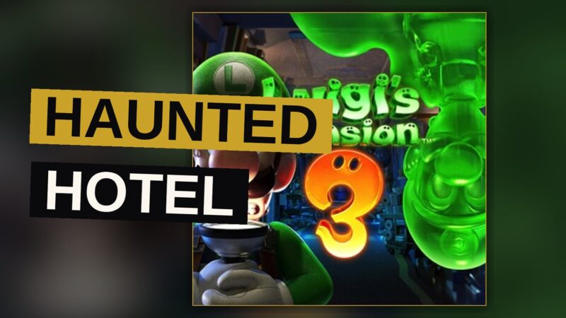 Luigi stands in a spooky hotel lobby with his Poltergust vacuum, ready to capture ghosts.