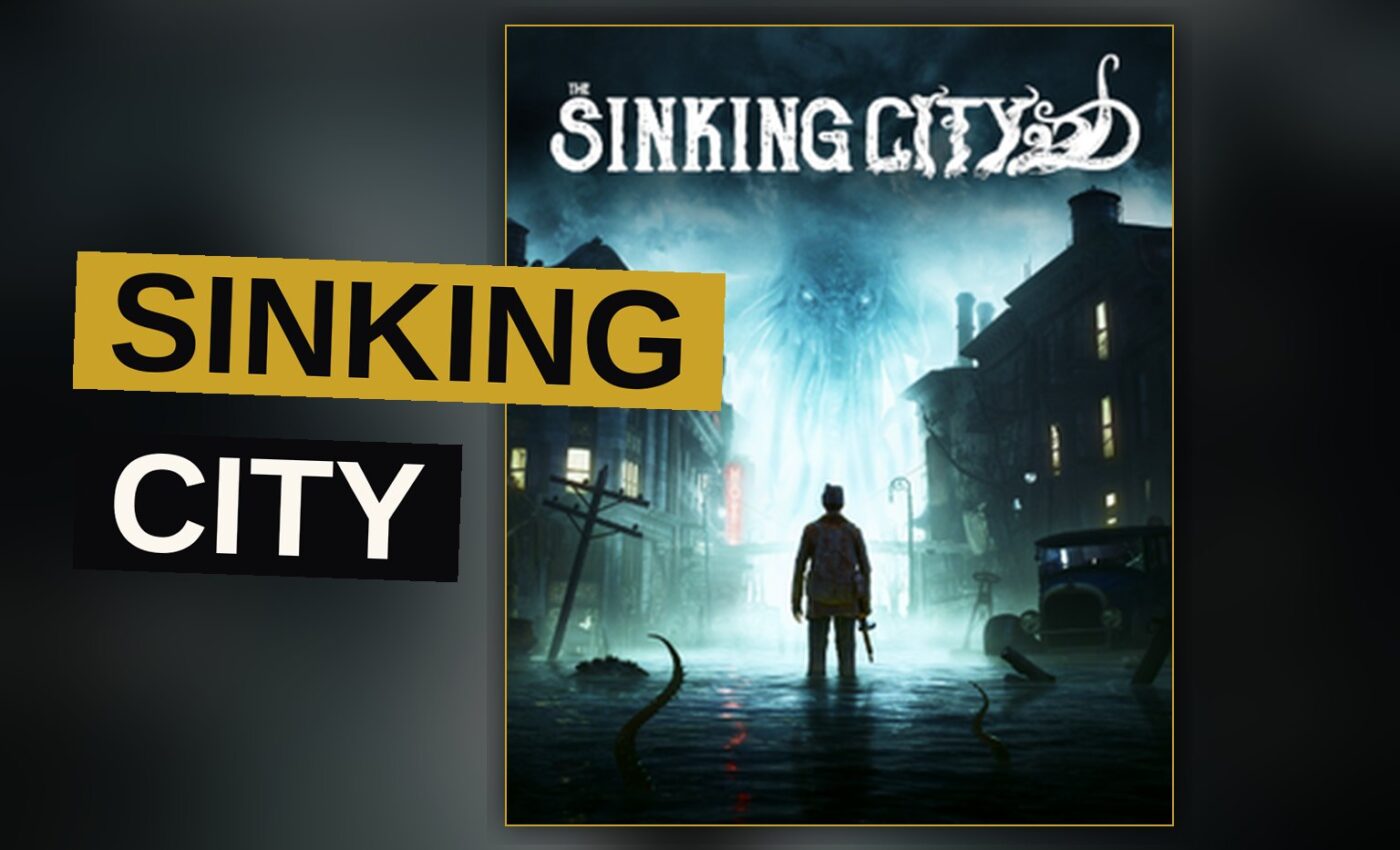 A flooded city street with sunken buildings and rain-soaked streets.