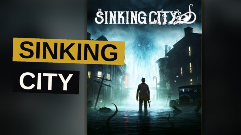 A flooded city street with sunken buildings and rain-soaked streets.