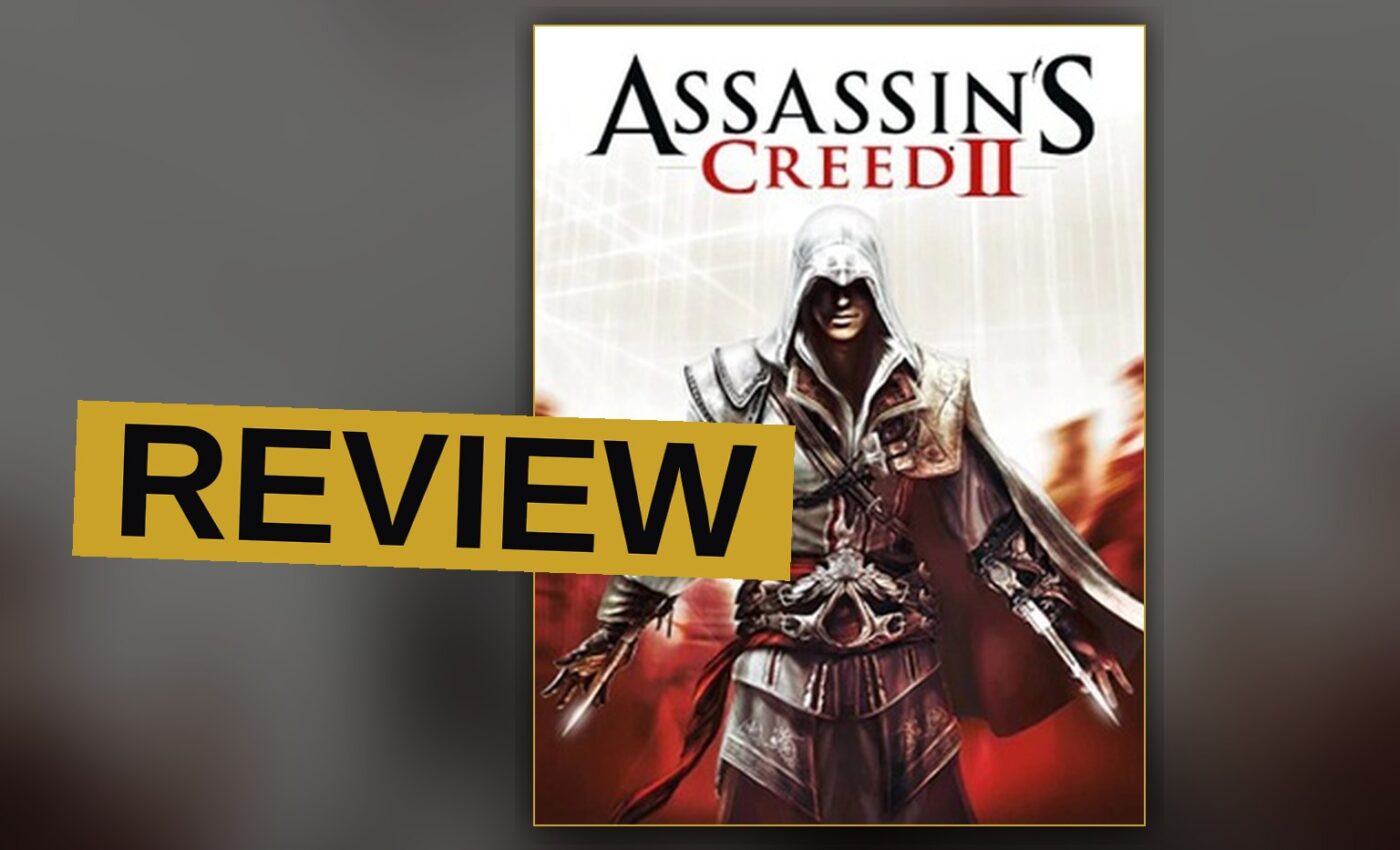A hooded assassin in white robes stands on a rooftop overlooking a sunlit Florence with the Duomo cathedral in the distance.