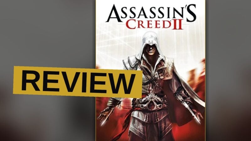 A hooded assassin in white robes stands on a rooftop overlooking a sunlit Florence with the Duomo cathedral in the distance.