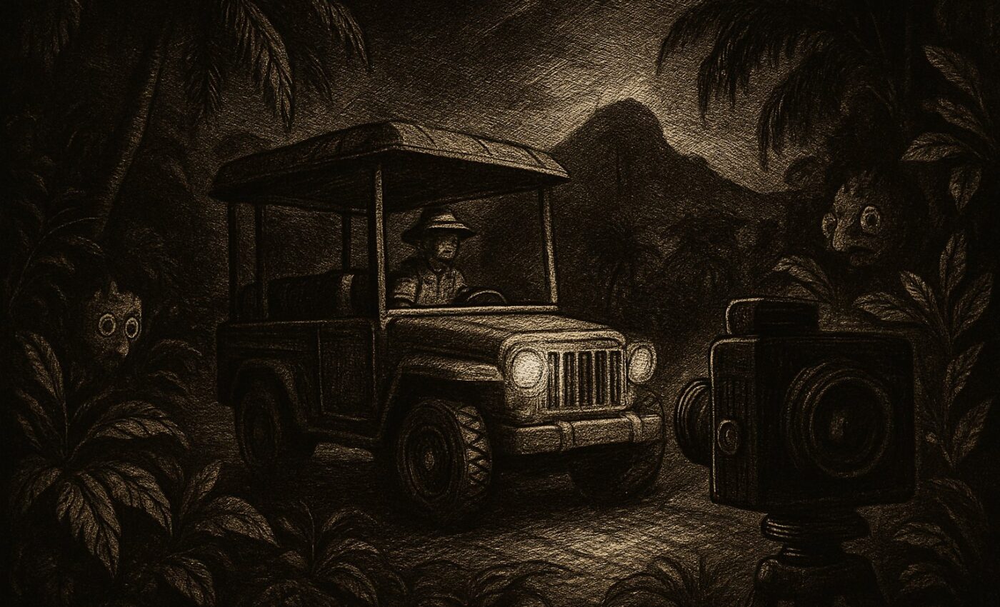 A vehicle rolls quietly past a curious creature in a bright island scene, camera raised for a picture.