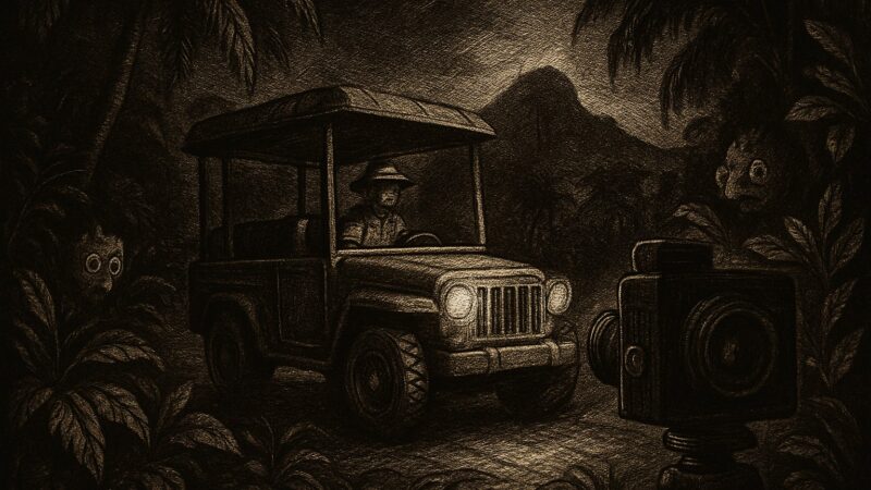 A vehicle rolls quietly past a curious creature in a bright island scene, camera raised for a picture.