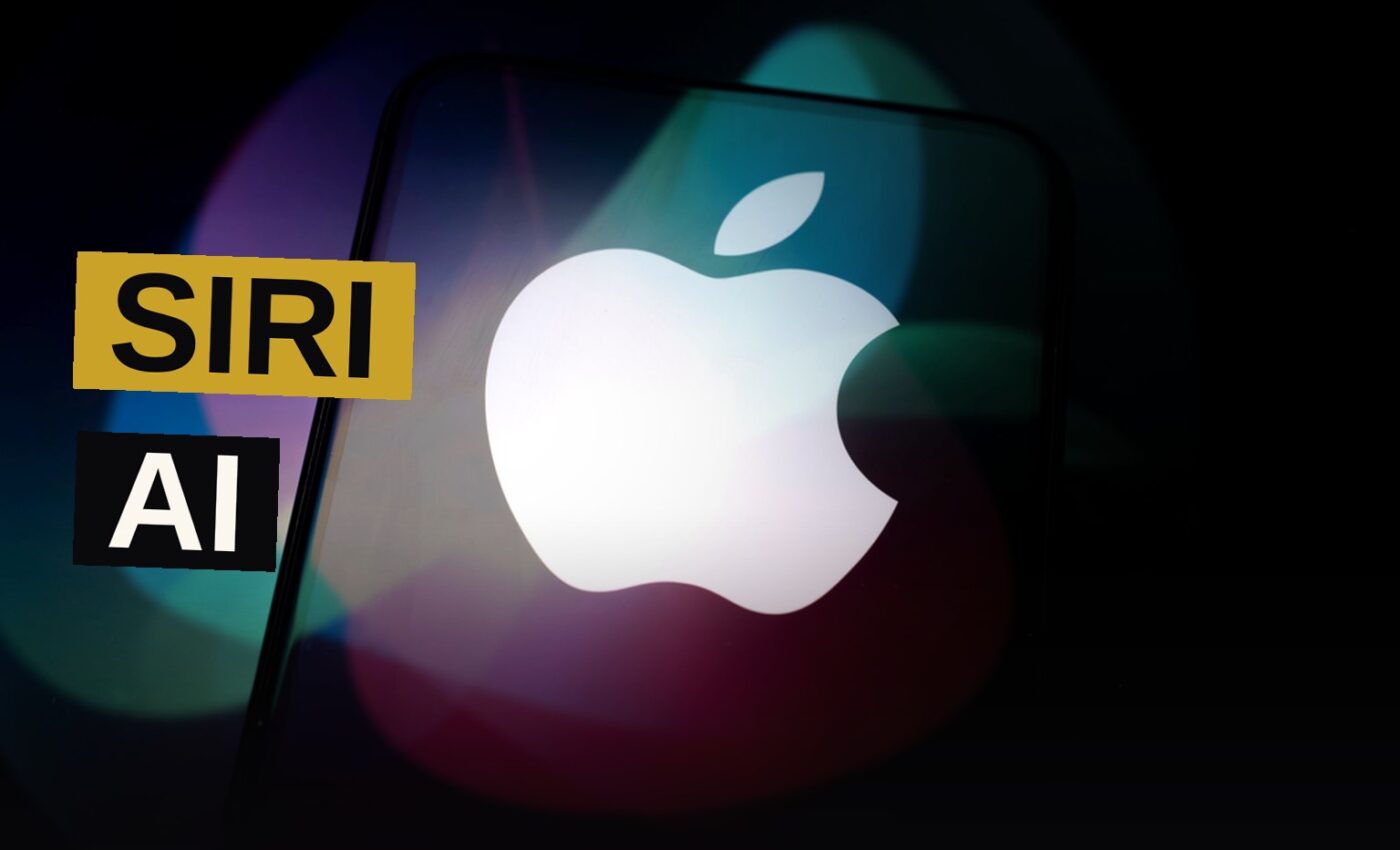 A modern iPhone showing Siri AI's new interface with glowing waveforms and data panels on a dark background.