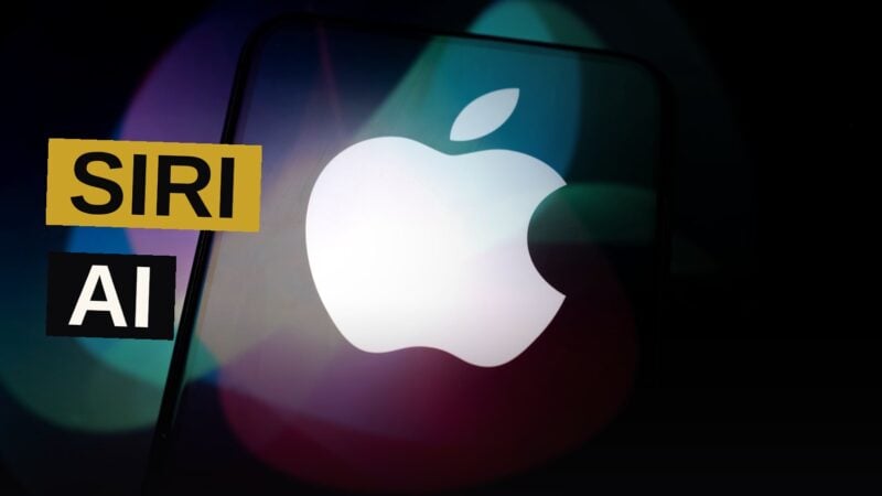 A modern iPhone showing Siri AI's new interface with glowing waveforms and data panels on a dark background.