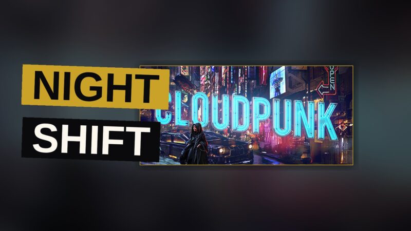 A hover car glides through rain and light between the towers of a vast, layered city at night.