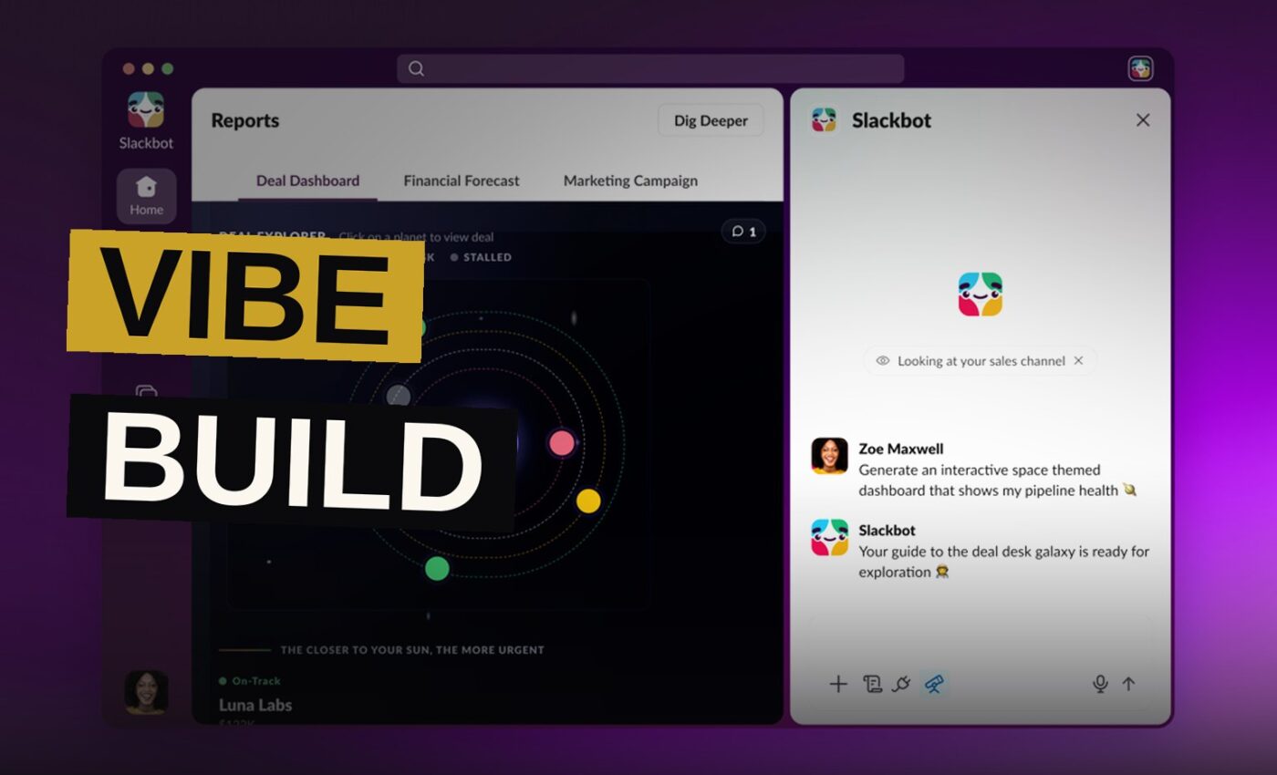 A team of professionals viewing a colorful, arcade-themed dashboard embedded in a Slack chat on a laptop screen.