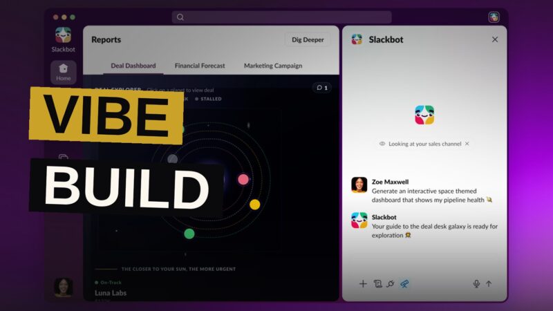 A team of professionals viewing a colorful, arcade-themed dashboard embedded in a Slack chat on a laptop screen.