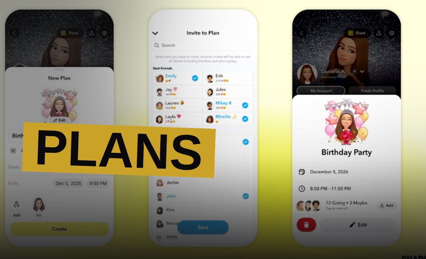 A smartphone displaying a Snapchat event invite with cheerful Bitmoji avatars reacting around a calendar date.
