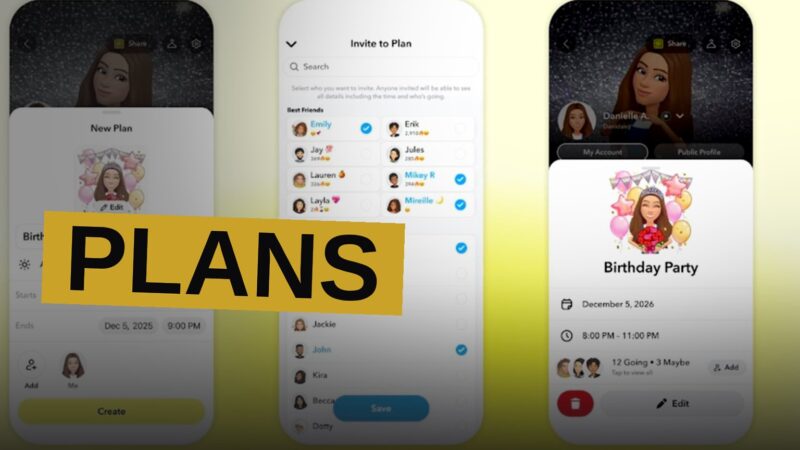 A smartphone displaying a Snapchat event invite with cheerful Bitmoji avatars reacting around a calendar date.