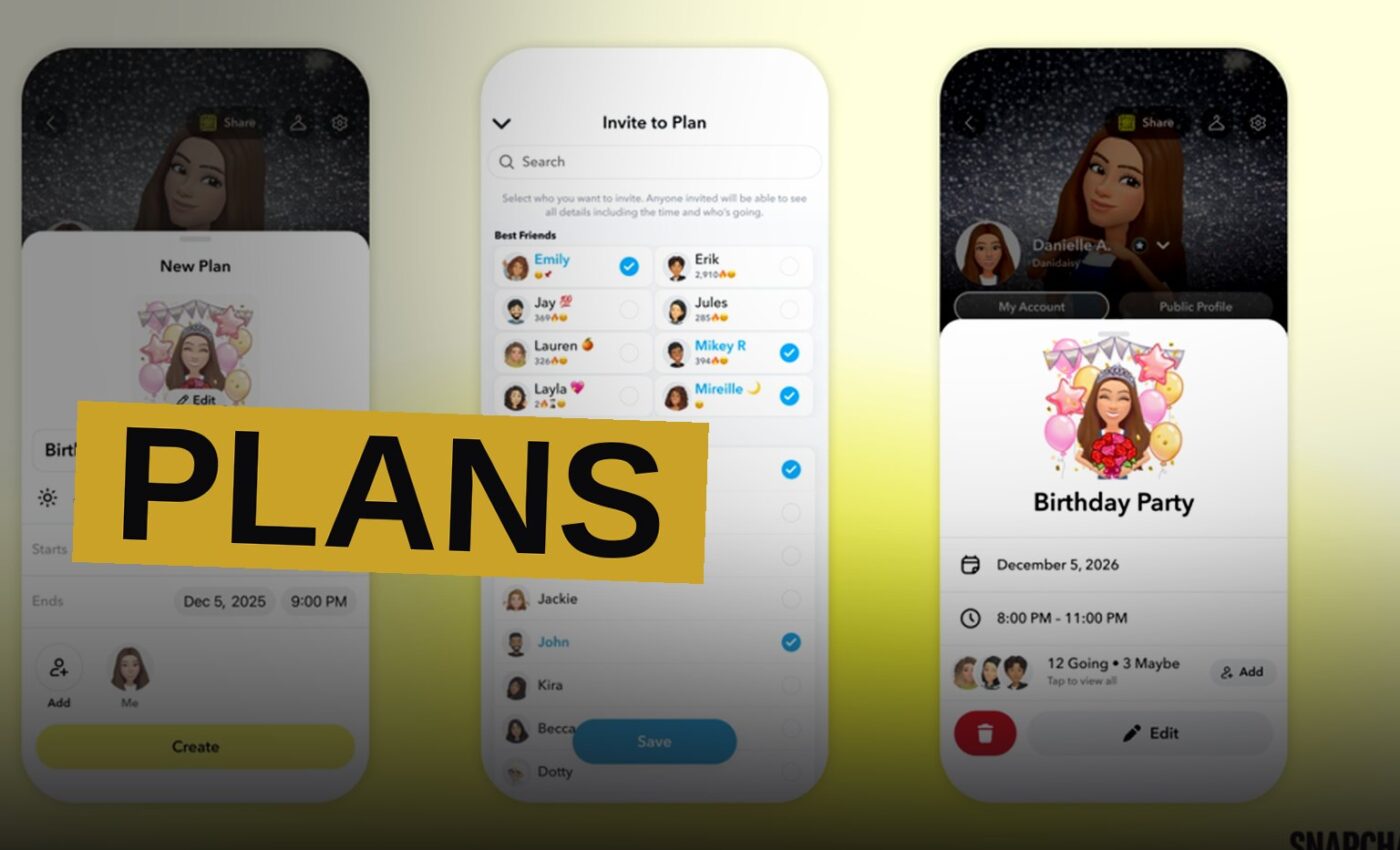 A smartphone screen showing a Snapchat event invite with Bitmoji characters, surrounded by floating party and planning icons.