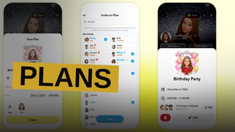 A smartphone screen showing a Snapchat event invite with Bitmoji characters, surrounded by floating party and planning icons.