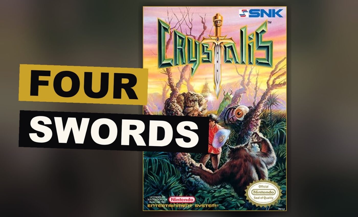 A hero holds a glowing sword before a ruined world long after a great war.