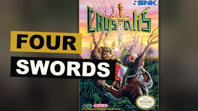 A hero holds a glowing sword before a ruined world long after a great war.