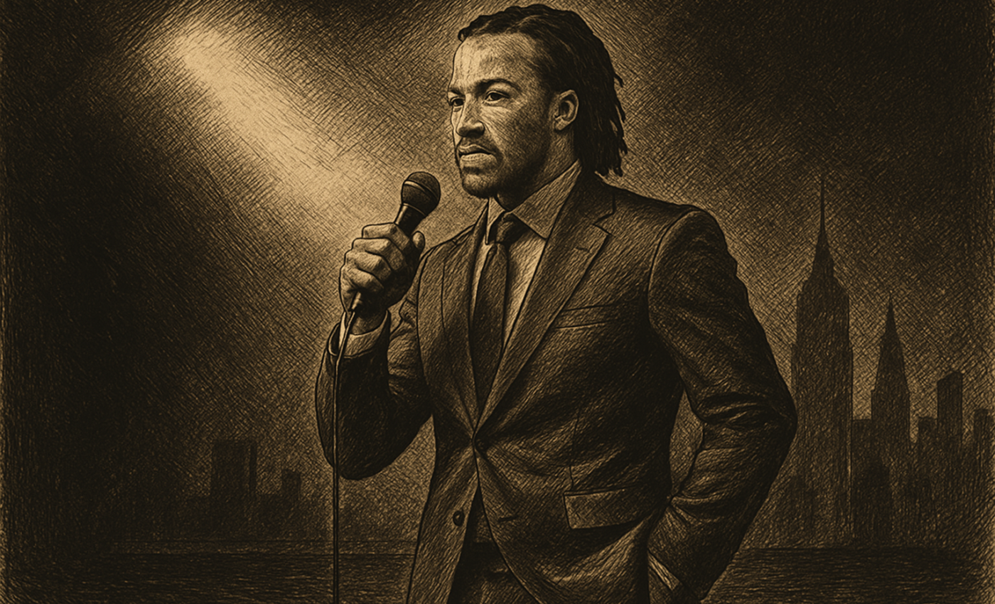 Jalen Brunson in a suit holding a microphone on a dark stage with a spotlight and city skyline behind him.