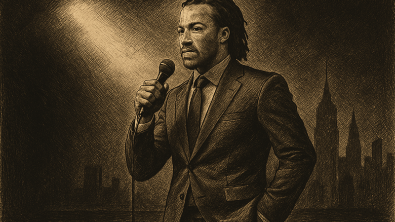 Jalen Brunson in a suit holding a microphone on a dark stage with a spotlight and city skyline behind him.