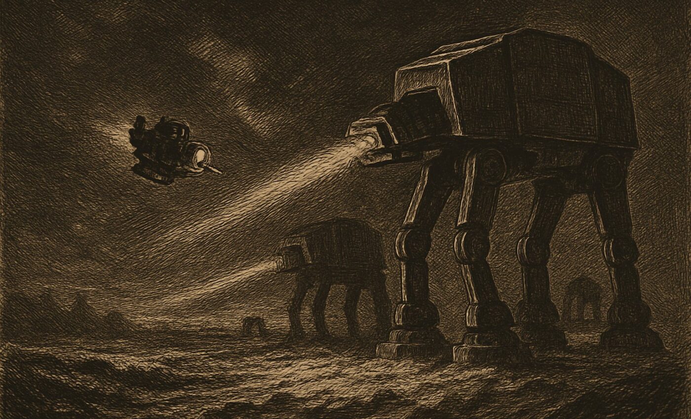 A small flying ship moves quickly beneath a giant walking war machine upon a pale, icy battlefield.