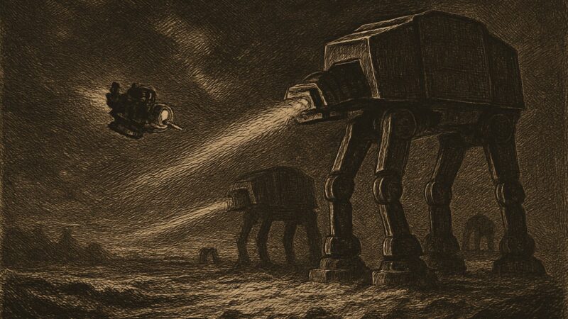 A small flying ship moves quickly beneath a giant walking war machine upon a pale, icy battlefield.