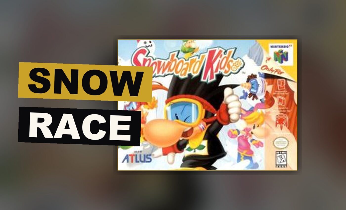 Four cartoon kid racers rush down a bright snowy mountain course, boards turning as items fly between rivals.