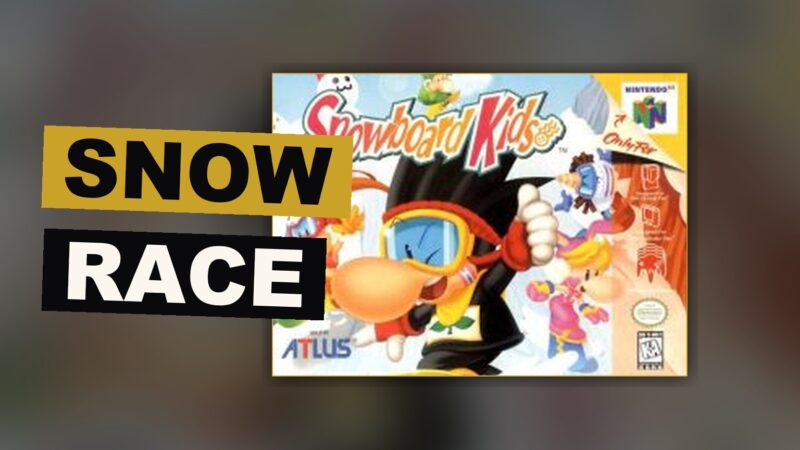 Four cartoon kid racers rush down a bright snowy mountain course, boards turning as items fly between rivals.