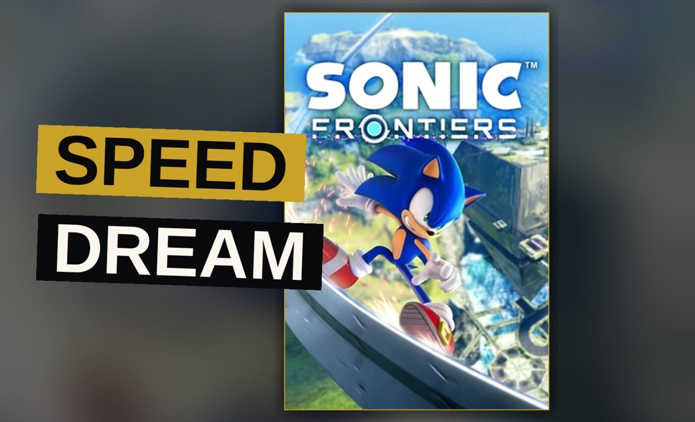 Sonic dashes through a glowing city street, his form a blur of motion.