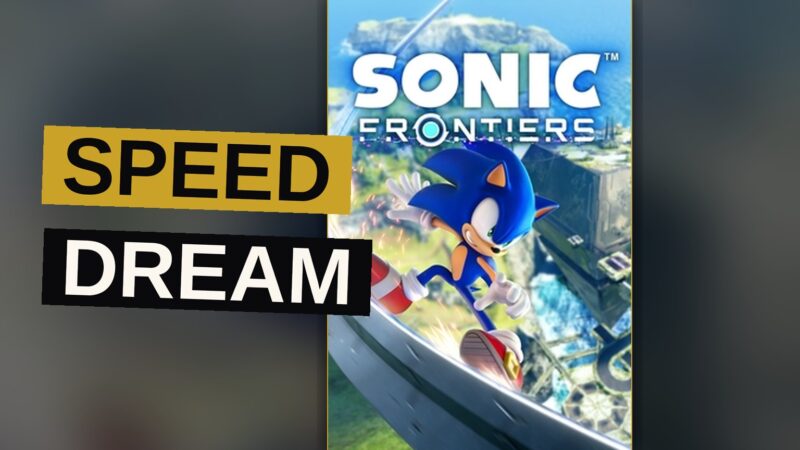 Sonic dashes through a glowing city street, his form a blur of motion.