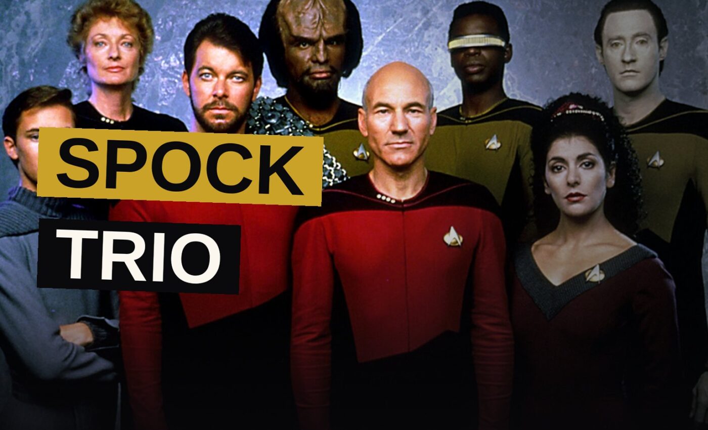 Three versions of Spock from different Star Trek eras stand in a glowing temporal rift, with ships visible in the background.