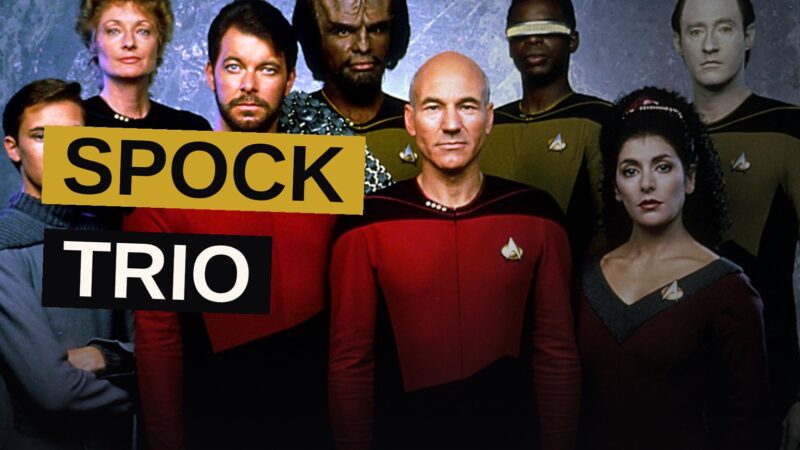 Three versions of Spock from different Star Trek eras stand in a glowing temporal rift, with ships visible in the background.