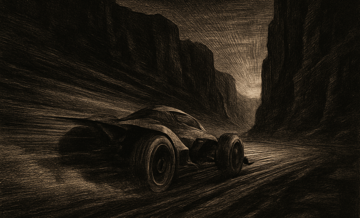 A racing vehicle flies along a perilous track, velocity and dread given unto the eye of the beholder.