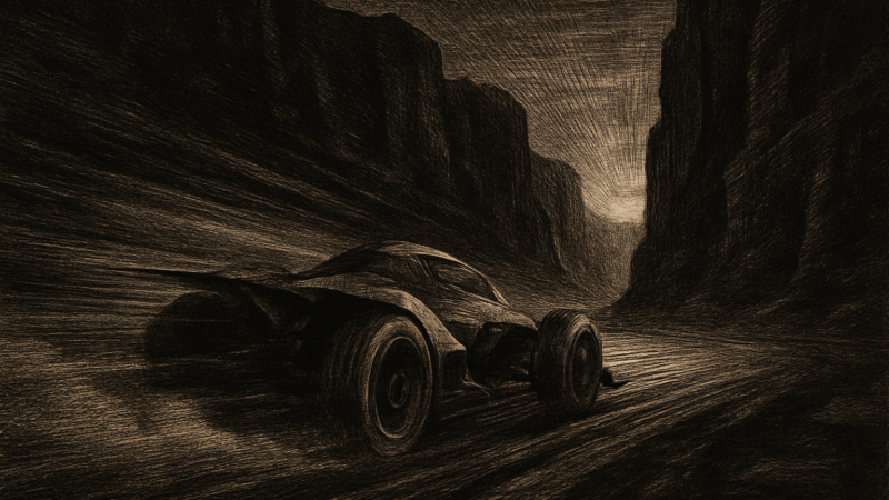 A racing vehicle flies along a perilous track, velocity and dread given unto the eye of the beholder.