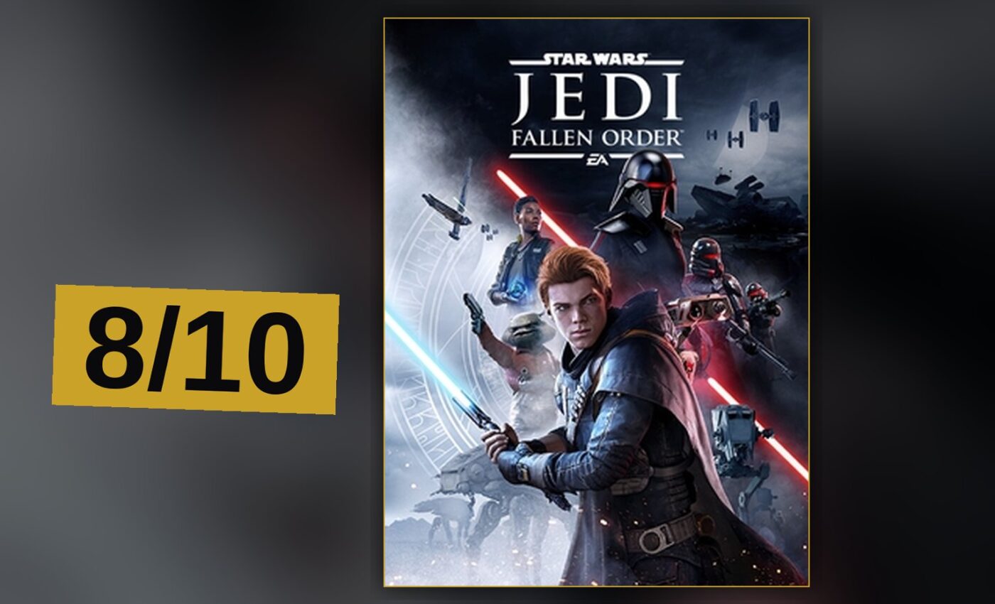 A Jedi wields a blue lightsaber amid ancient ruins on a rainy alien planet.