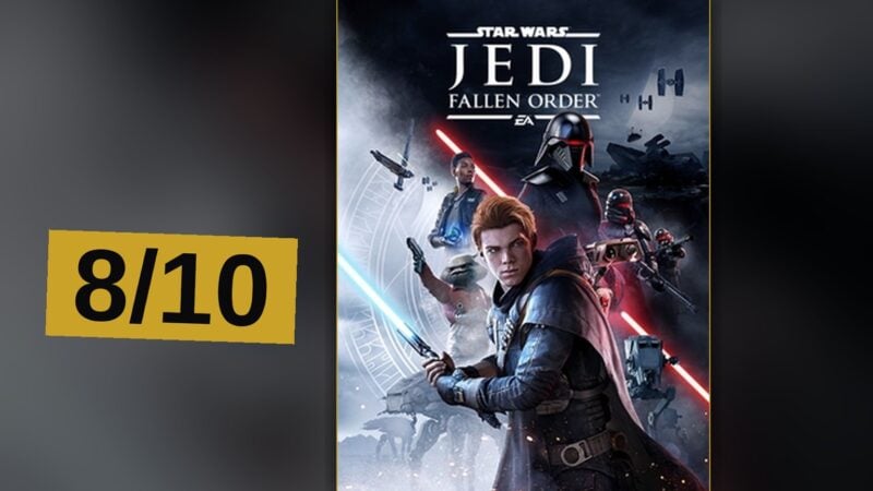 A Jedi wields a blue lightsaber amid ancient ruins on a rainy alien planet.